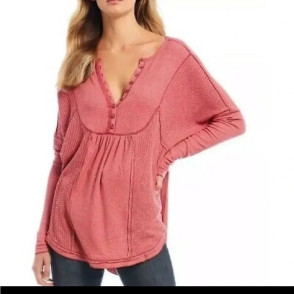Free People Women's XS Leo Oversized Henley Top Waffle Knit Thermal - Picture 1 of 9